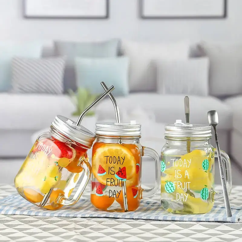 Clear beverage mason glass jar with handle